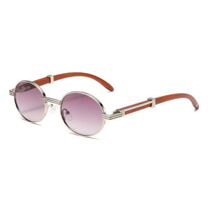 Metal Oval - Frame Sunglasses With A Wood - Grain Finish - Zambeel