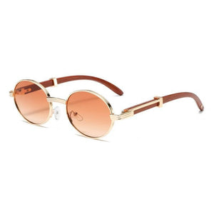 Metal Oval - Frame Sunglasses With A Wood - Grain Finish - Zambeel