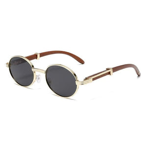 Metal Oval - Frame Sunglasses With A Wood - Grain Finish - Zambeel