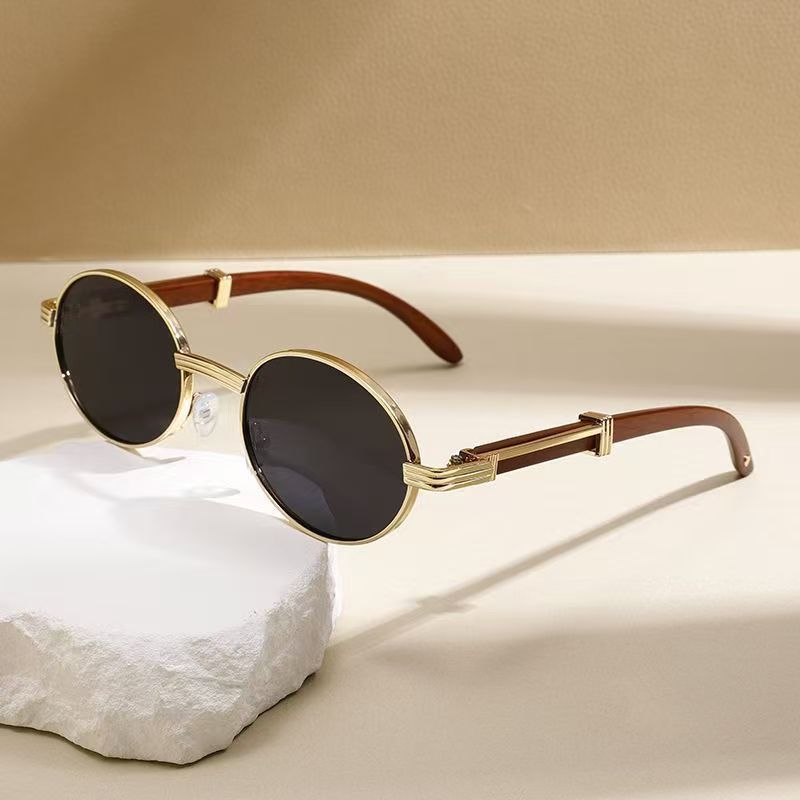 Metal Oval - Frame Sunglasses With A Wood - Grain Finish - Zambeel