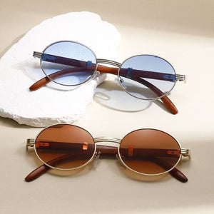 Metal Oval - Frame Sunglasses With A Wood - Grain Finish - Zambeel