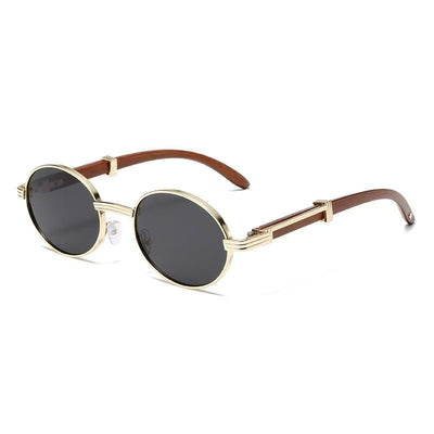 Metal Oval - Frame Sunglasses With A Wood - Grain Finish - Zambeel