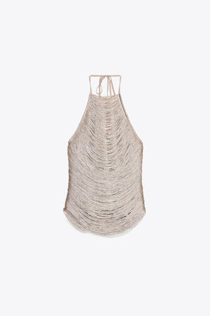 Metallic - fringed French - style Halter Top With Adjustable Bow - Zambeel