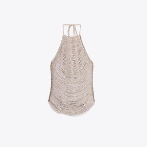 Metallic - fringed French - style Halter Top With Adjustable Bow - Zambeel