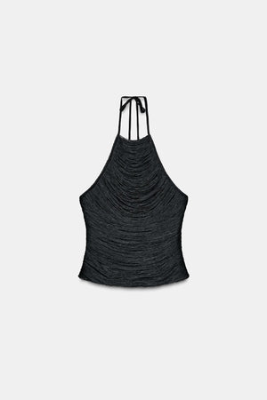 Metallic - fringed French - style Halter Top With Adjustable Bow - Zambeel