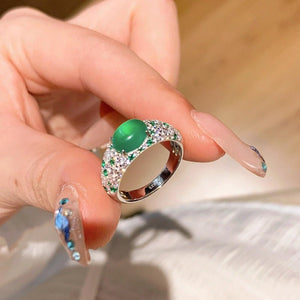 Mid - 20th - century Fully Diamond - studded Chrysoprase Egg - shaped Ring - Zambeel