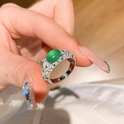 Mid - 20th - century Fully Diamond - studded Chrysoprase Egg - shaped Ring - Zambeel