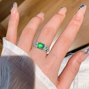 Mid - 20th - century Fully Diamond - studded Chrysoprase Egg - shaped Ring - Zambeel