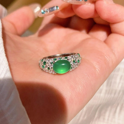 Mid - 20th - century Fully Diamond - studded Chrysoprase Egg - shaped Ring - Zambeel