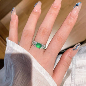 Mid - 20th - century Fully Diamond - studded Chrysoprase Egg - shaped Ring - Zambeel