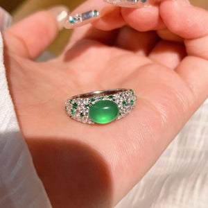 Mid - 20th - century Fully Diamond - studded Chrysoprase Egg - shaped Ring - Zambeel