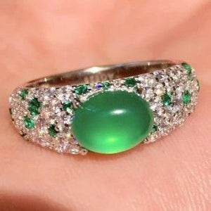 Mid - 20th - century Fully Diamond - studded Chrysoprase Egg - shaped Ring - Zambeel