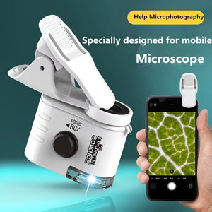Mini Mobile Phone Microscope, 60x Pocket Microscope, Handheld Portable LED Lighted Magnification Endoscope With A Mobile Phone Adapter Clip - Zambeel