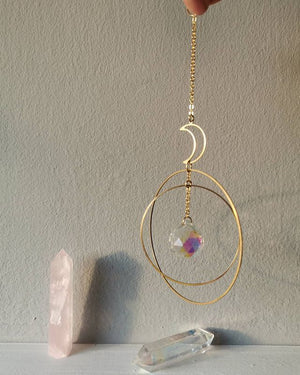 Moon And Hoop And Rainbow Crystal Rearview Mirror Decoration - Zambeel