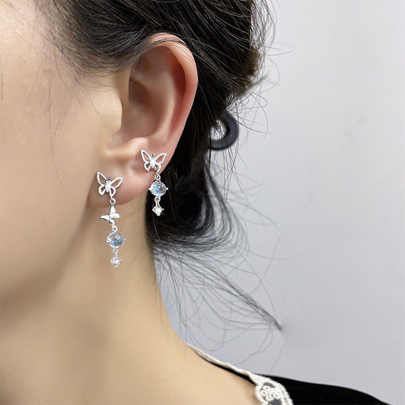 Moonstone Butterfly Earrings Long Light Luxury Asymmetric - Zambeel