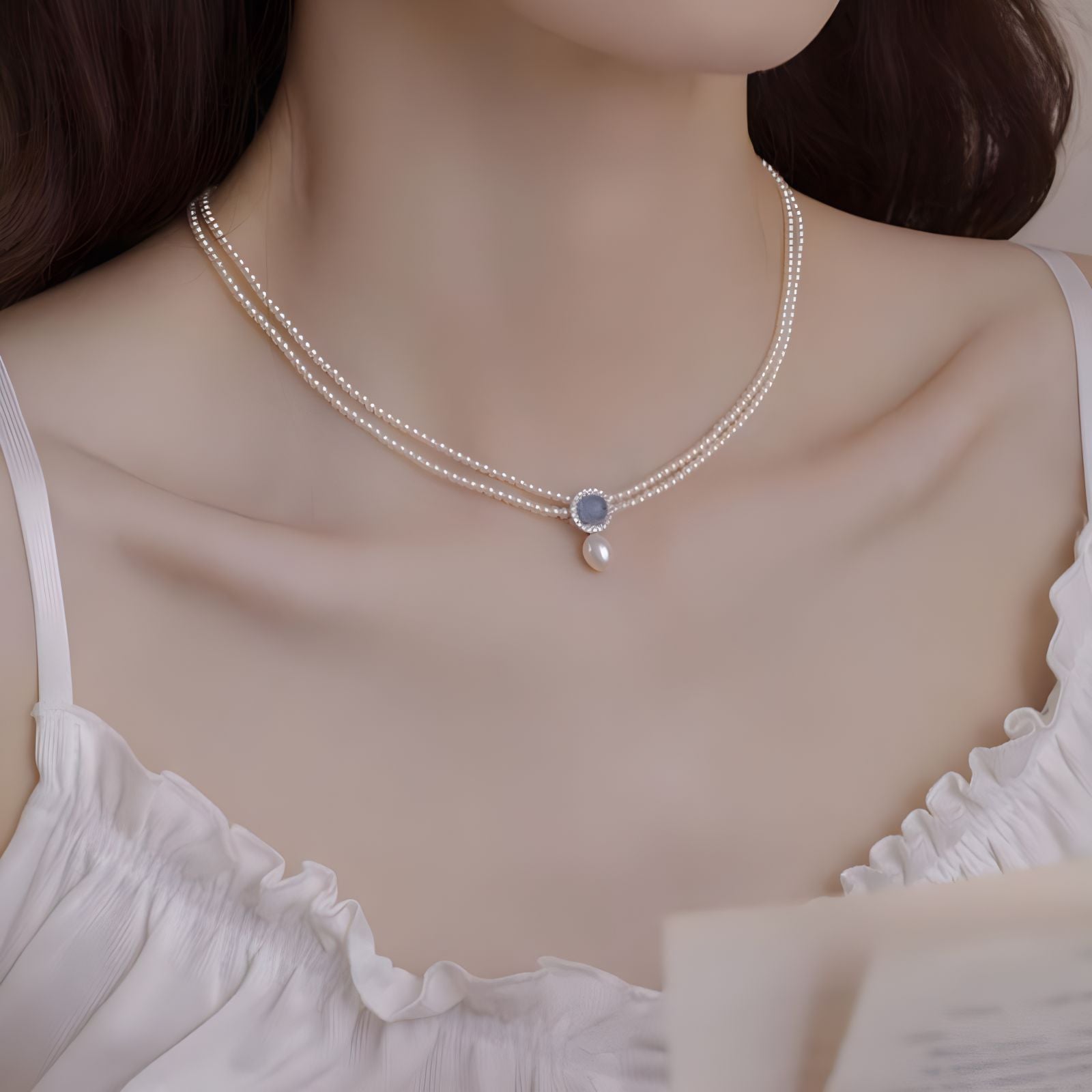 Natural Aquamarine Freshwater Pearl Pendant Necklace For Women - Zambeel
