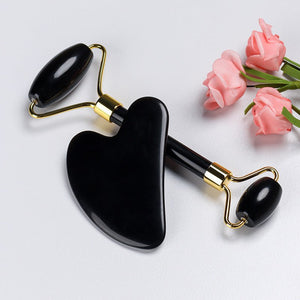 Natural Quartz Scraper Jade Roller Guasha Set Black Genuine - Zambeel