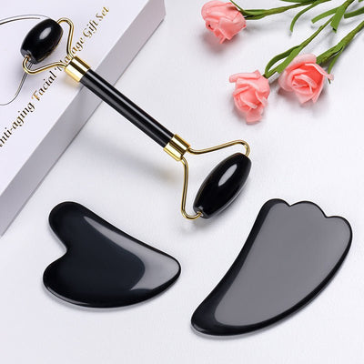 Natural Quartz Scraper Jade Roller Guasha Set Black Genuine - Zambeel
