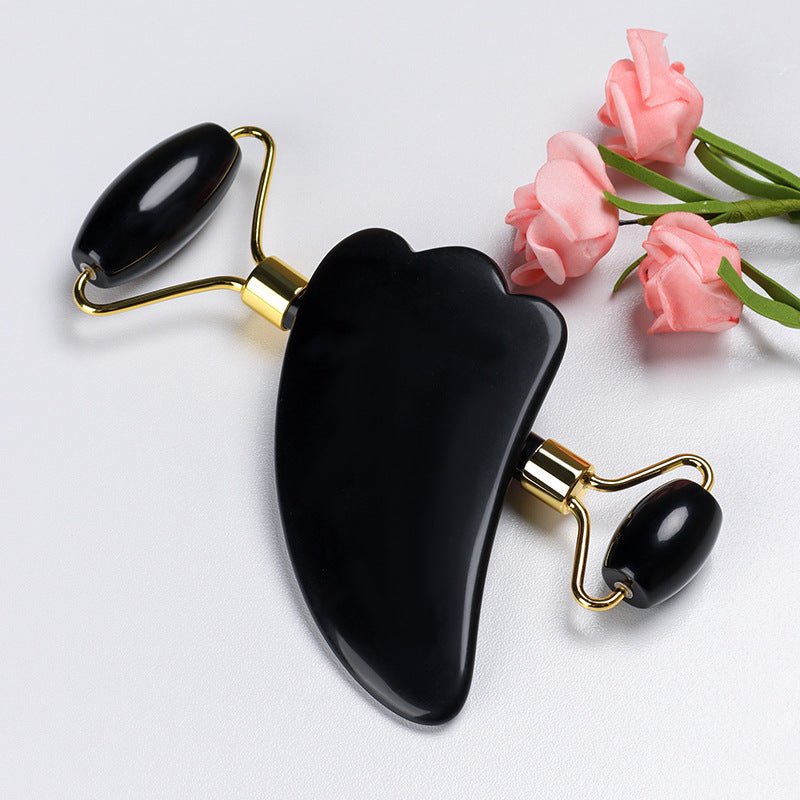 Natural Quartz Scraper Jade Roller Guasha Set Black Genuine - Zambeel