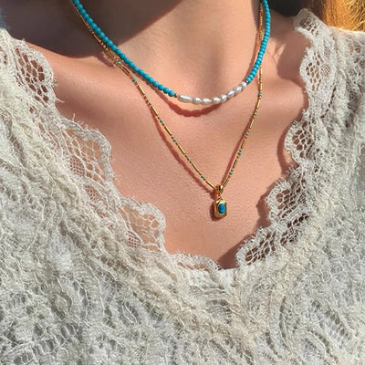 Natural Turquoise - Colored Pendant With Mother - of - Pearl Beads Necklace - Zambeel