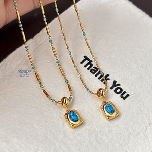 Natural Turquoise - Colored Pendant With Mother - of - Pearl Beads Necklace - Zambeel