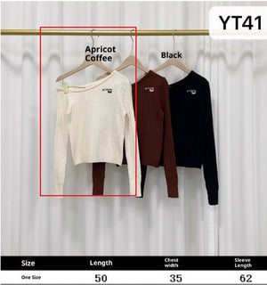 New Korean - style Sweet - and - cool Sister Embroidered Off - shoulder Long - sleeve Knit Top - Zambeel