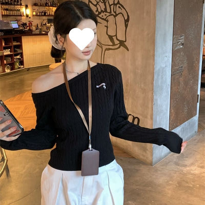 New Korean - style Sweet - and - cool Sister Embroidered Off - shoulder Long - sleeve Knit Top - Zambeel