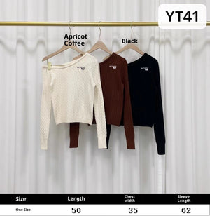 New Korean - style Sweet - and - cool Sister Embroidered Off - shoulder Long - sleeve Knit Top - Zambeel