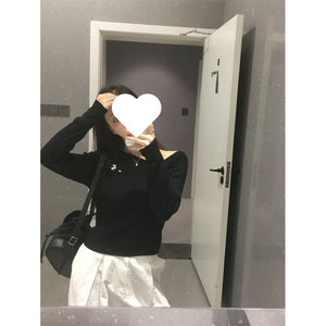New Korean - style Sweet - and - cool Sister Embroidered Off - shoulder Long - sleeve Knit Top - Zambeel