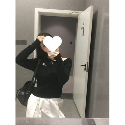 New Korean - style Sweet - and - cool Sister Embroidered Off - shoulder Long - sleeve Knit Top - Zambeel