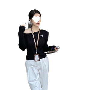 New Korean - style Sweet - and - cool Sister Embroidered Off - shoulder Long - sleeve Knit Top - Zambeel