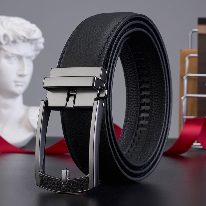 New Mens Casual All - match Leather Belt With An Automatic Buckle And A Lychee Grain Pattern - Zambeel