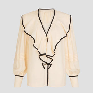 New Women's V - neck Retro Loose - fit Contrast - color Pleated Blouse - Zambeel