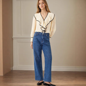 New Women's V - neck Retro Loose - fit Contrast - color Pleated Blouse - Zambeel