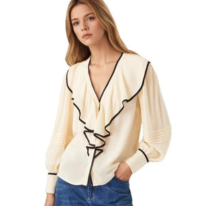 New Women's V - neck Retro Loose - fit Contrast - color Pleated Blouse - Zambeel