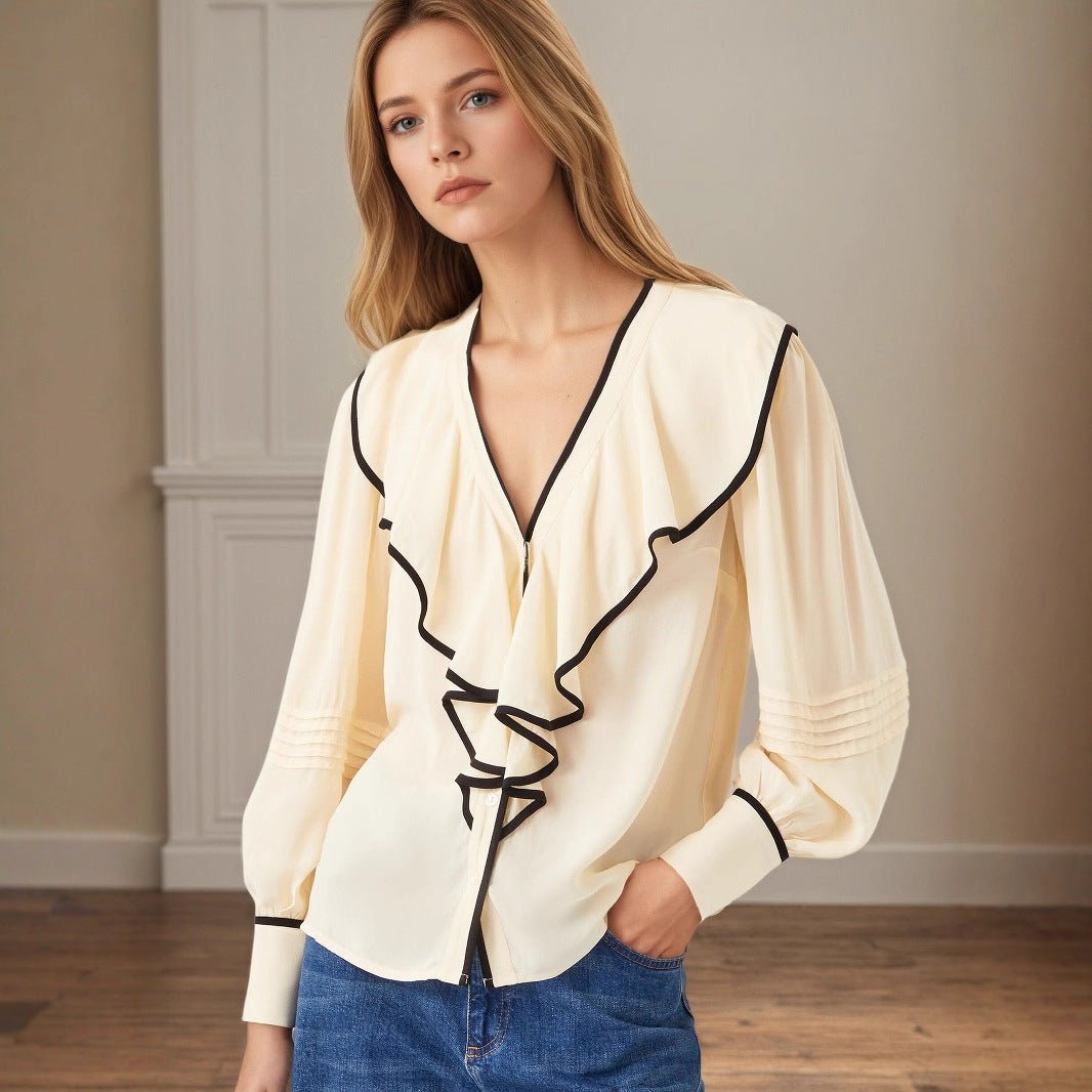 New Women's V - neck Retro Loose - fit Contrast - color Pleated Blouse - Zambeel