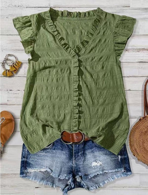 New Women's V - neck Ruffled Short - sleeve Blouse Loose - fit Figure - flattering Top With Lace Detailing - Zambeel