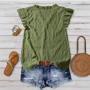 New Women's V - neck Ruffled Short - sleeve Blouse Loose - fit Figure - flattering Top With Lace Detailing - Zambeel