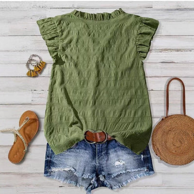 New Women's V - neck Ruffled Short - sleeve Blouse Loose - fit Figure - flattering Top With Lace Detailing - Zambeel