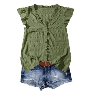 New Women's V - neck Ruffled Short - sleeve Blouse Loose - fit Figure - flattering Top With Lace Detailing - Zambeel