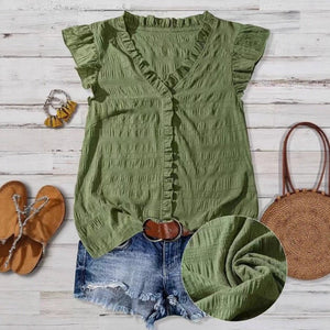 New Women's V - neck Ruffled Short - sleeve Blouse Loose - fit Figure - flattering Top With Lace Detailing - Zambeel