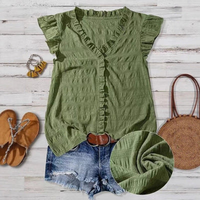 New Women's V - neck Ruffled Short - sleeve Blouse Loose - fit Figure - flattering Top With Lace Detailing - Zambeel