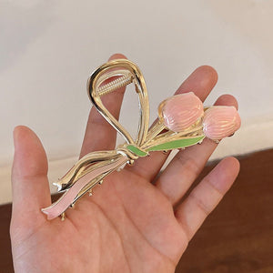 Oil Dripping Tulip Metal Grip Back Head Elegant Barrettes - Zambeel