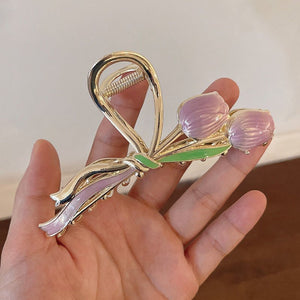 Oil Dripping Tulip Metal Grip Back Head Elegant Barrettes - Zambeel