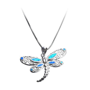 Opal - Imitation Silver Dragonfly Pendant Necklace - Zambeel