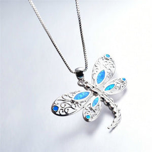 Opal - Imitation Silver Dragonfly Pendant Necklace - Zambeel