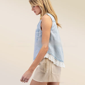 Patchwork Denim Sleeveless Shirt - Zambeel