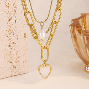 Pearl Heart - shaped Trendy Necklace Popular Titanium Steel Multi - layer Sweater Chain With A Distinctive Elegant Vibe - Zambeel