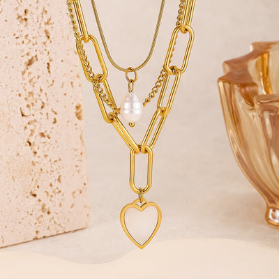 Pearl Heart - shaped Trendy Necklace Popular Titanium Steel Multi - layer Sweater Chain With A Distinctive Elegant Vibe - Zambeel