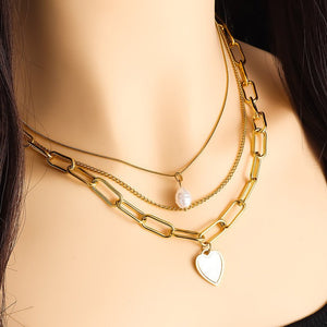 Pearl Heart - shaped Trendy Necklace Popular Titanium Steel Multi - layer Sweater Chain With A Distinctive Elegant Vibe - Zambeel